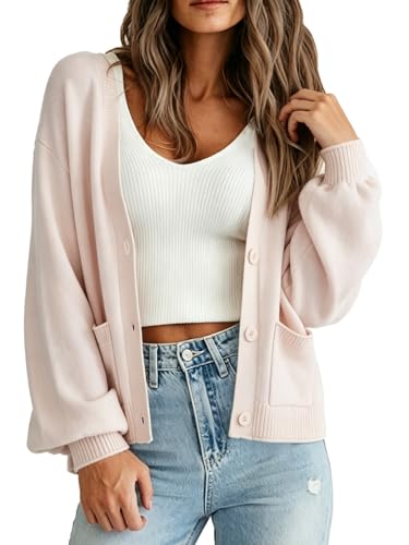 HOTIAN Women's Lightweight Knit Cardigan Casual Long Sleeve Crewneck Button Down Summer Open Front Sweater with Pockets Apricot at Amazon