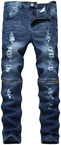 ZhouYCHEN Men's Biker Skinny Fit Ripped Distressed Destroyed Holes Jeans Zipper On Knees (Blue01, W32)