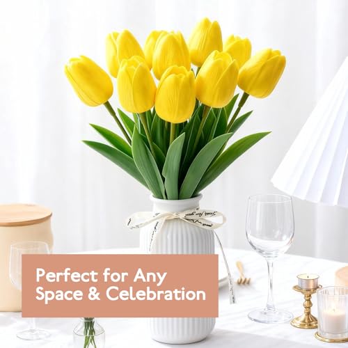 Probuk 10pcs Yellow Artificial Tulips in Bouquets – Symbol of Cheerful Friendship and Sunny Greetings, Spring Decoration, Office, Living Room