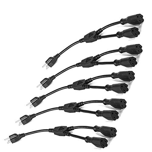 ClearMax 3 Prong Y Splitter Cable Power Extension Cord - Cable Strip Outlet Saver - Power Cord Splitter - 16AWG - UL Approved - 1 Foot (5 Pack | Black)