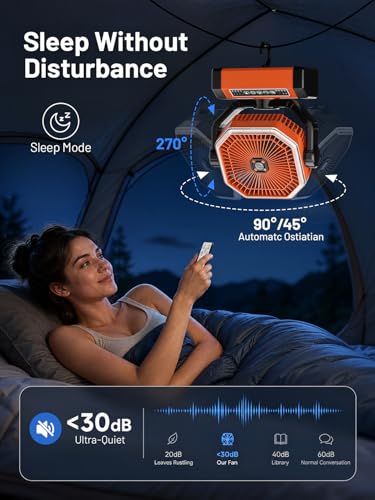 Battery Powered Fan - 9-Inch Rechargeable Fan Portable, 24000mAh(60Hrs) Camping Fans for Tent, Auto Oscillation Cordless, Tent Fans for Camping with Remote/light, 4 Speeds, 4 Timing, Outdoor