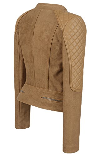 Chouyatou Women's Fashion Perfect Fit Faux Suede-Pu Leather Quilted Biker Jacket (Small, Camel)