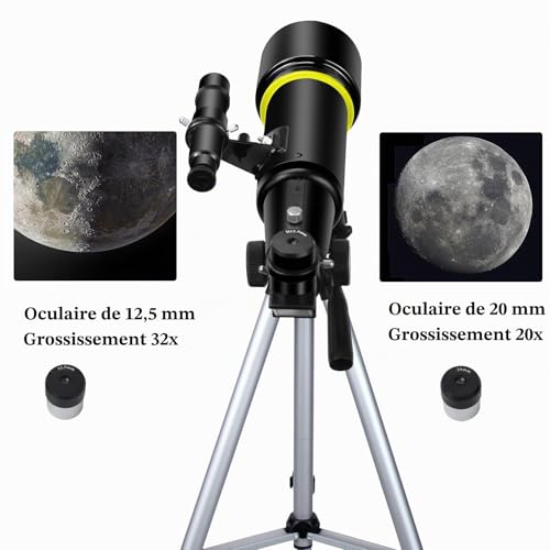 Télescope pour Adultes débutants, Ouverture 70 mm 400 mm AZ Mount Full Multi-Couches Réfracteur Optique Portable Télescope de Voyage avec trépied Adaptateur téléphone (Black)
