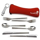 TravelSource 2-Person Stainless Steel Portable Eating Utensils Set - for Camping and Travel with Case and Bottle Opener