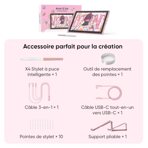XPPen Artist 12 3rd Tablette Graphique avec Écran 11.9 Pouces - Rose | X4 Stylet Avancé | 16384 Niveaux | Écran Anti-reflet | Portable et Léger | Compatible Multi-systèmes | Design Rose Élégant