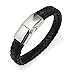 Wide Braided Black Leather Bracelet Mens Womens Stainless Steel Magnetic Clasp (7.5 - 9.5 Inch)