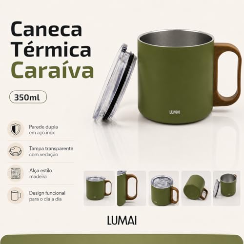 LUMAI Caneca Térmica 350ml Inox com Tampa Antivazamento Premium - Verde | Caneca de Café Caraíva, Aço Inox 304, Parede Dupla com Isolamento Térmico, Alça Estilo Madeira, Bebidas Quentes ou Frias