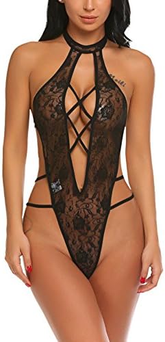 recent Women Lace Teddy Lingerie Cross Bandage Bodysuit Halter Babydoll Sleepwear Black XX-Large