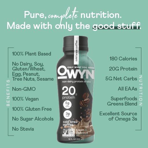 OWYN 100% VEGAN PLANT-BASED PROTEIN SHAKE, COLD BREW COFFEE, 12 PACK, WITH 20G PLANT PROTEIN, OMEGA-3, PREBIOTIC SUPPLEMENTS, SUPERFOODS GREENS BLEND, GLUTEN-FREE, SOY-FREE, NON-GMO