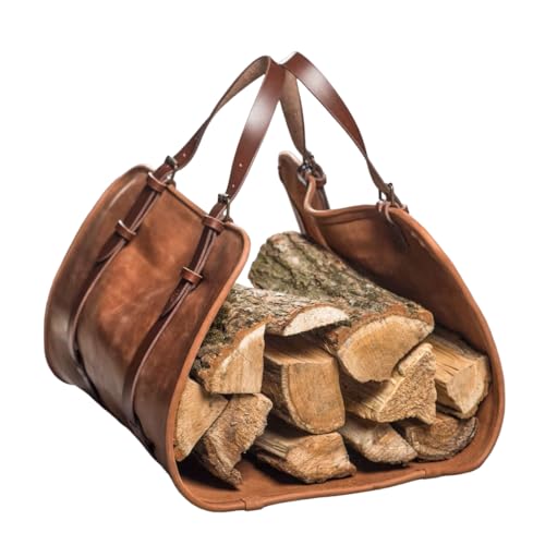DarkRabbit Leather Firewood Carrier, Cabin Wood Log Carrier, Large Log Tote Bag