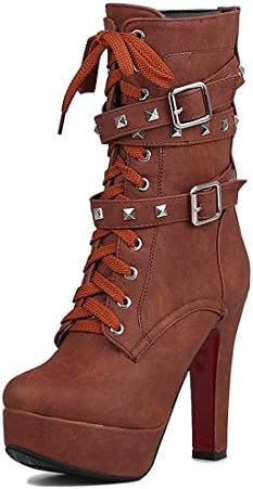 Odetina Women's Sexy Lace-Up Zipper Buckle Strap Chunky High Heel Platform Mid Calf Punk Boots with Rivet Stud