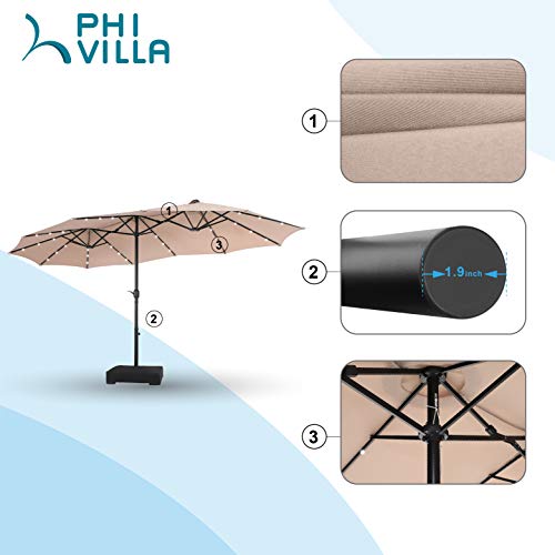PHI VILLA 15ft Large Patio Umbrella with Solar Lights, DoubleSided