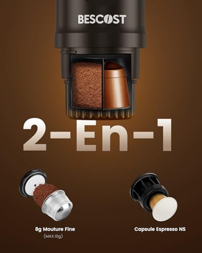 BESCOST Portable Coffee Maker, 2 in 1 Portable Coffee Maker Compatible with Espresso Capsules and Coffee Powder, 9600mAh 20 Bars, Rechargeable for Travel, Camping, Car, Home