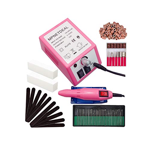 Electric Nail Drill Machine Grinder Polisher Kit Nail File for Acrylics Nails Clippers Manicure Pedicure Professional Set for Glazing Gel Nail, Nail Salon with Sanding Bands by MPNETDEAL (Pink)