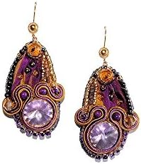 Soutache Cocktail Drop Earrings with Czech Rivoli Rhinestones, Agate Beads. Purple Gold Violet Bridesmaid Dangle Earrings. Free shipping USA &amp; Canada