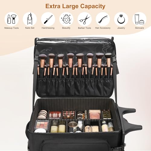 Relavel Professional Makeup Case with Wheels, black 3, Wheeled suitcase