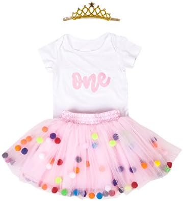 Baby Girls 1st Birthday Outfit Glitter One Romper Balls Skirt Crown Headband