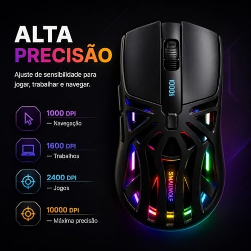 Mouse Gamer Sem Fio RS8 RGB Bluetooth 2.4G Recarregável 10000 DPI Design Ergonômico 6 Botões Para PC Notebook