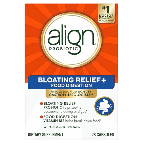 ALIGN PROBIOTIC BLOATING RELIEF + FOOD DIGESTION, PROBIOTICS FOR WOMEN AND MEN, #1 DOCTOR RECOMMENDED BRAND‡, PROMOTES DIGESTIVE HEALTH AND HELPS SUPPORT THE METABOLISM OF FOOD*, 28 CAPSULES