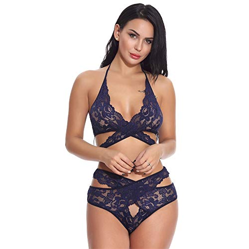 CofeeMO Cross Wrap Lace Ultra-Thin Two-Pieces Lingerie Suit,Sexy Underwear Halter Pajamas for Women(Blue,L)