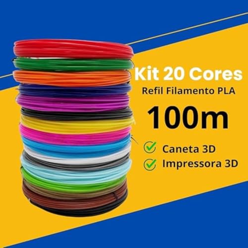 Kit Filamento PLA para Caneta 3D – 20 Cores Sortidas 1,75mm | 100 Metros Total | Refil Compatível com Caneta 3D e Impressoras 3D | Material PLA para Desenho, Modelagem e Projetos Criativos
