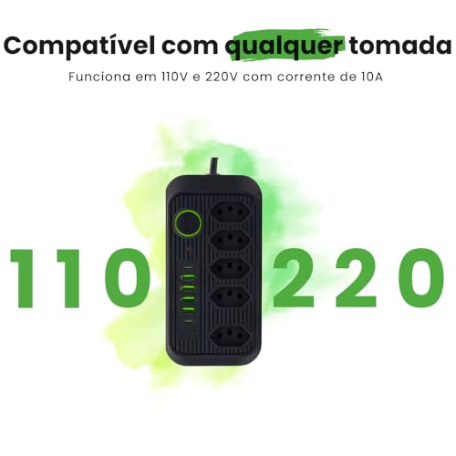 Extensão de Energia Filtro de Linha Régua de Energia com 5 Tomadas 4 USB-A e 2 USB Tipo-C Cabo 2 Metros Bivolt 110-220V Potência 2500W e Carregamento Inteligente Linha Premium (Preto)