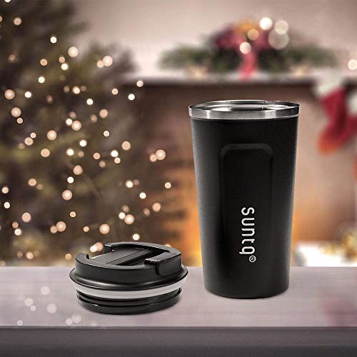SUNTQ Kaffeebecher to go aus Edelstahl - Thermobecher Doppelwand Isoliert - Kaffeetasse mit Auslaufsicherem Deckel Wiederverwendbar (Schwarz, 510ml) – Bild 7