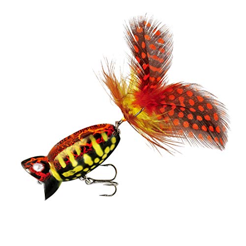 Arbogast Hula Popper 2.0 Topwater Angelköder mit gefiedertem Drillingshaken und Crackle Pattern Body