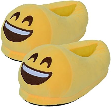 Emoji Slippers Thick 100% Plush Cotton That’s Cute Funny Soft Warm And Comfortable Casual Indoor Bedroom Shoe For Girls &amp; Boys With Non-Skid Footpads (Smile Happy Joy)
