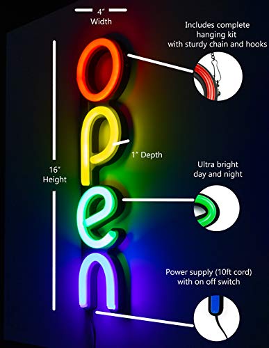 LED Open Sign for Business - Bright Red Yellow Green Blue Vertical Neon Style Open Light Signs | Beautiful Design to Attract Customers - Thumbnail 2