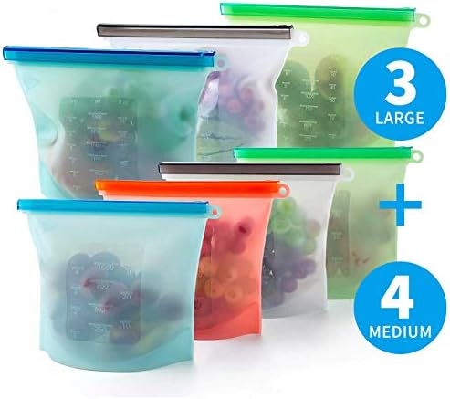 Reusable Silicone Food Storage Bags, AMDRFO 7 Pcs Airtight Seal Food Preservation Bags for Vegetable, Fruit, Meat, Milk, Snack - FDA Approved Materials Reusable Ziplock Bags, 3xLarge 50oz+4xSmall 30oz