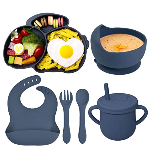 Domueay Set Pappa Svezzamento Bambini,6 Pezzi con Ventosa Piatto Ciotola Tazze Cucchiaio Forchetta Bavaglino Silicone Antiscivolo Impermeabili Set Pappa per Bambino Neonati senza BPA,Blu Coniglio