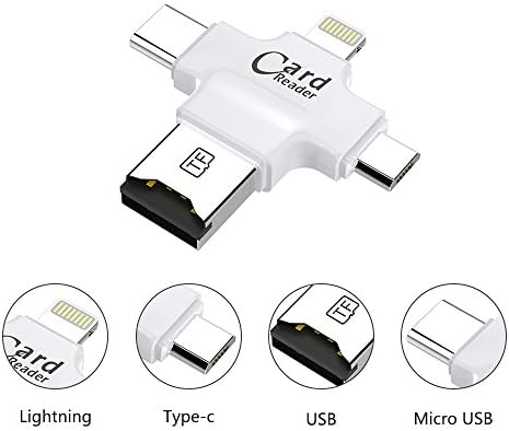 PinPle 4-in-1 Card Reader Lightning 8 Pin + Micro USB + Type-C + USB for iPhone / iPad / Type-C / Android Devices Compatible with 8GB / 16GB / 32GB / 64GB / 128GB TF Card (Not Included) (White)