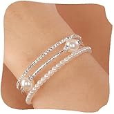 YERTTER Wedding Silver 3 Row Pearl Rhinestone Stunning Bracelet Layered Stretch Wrap Cuff Bridals Crystal Strand Bracelet Gift for Women Brides (Silver 4)