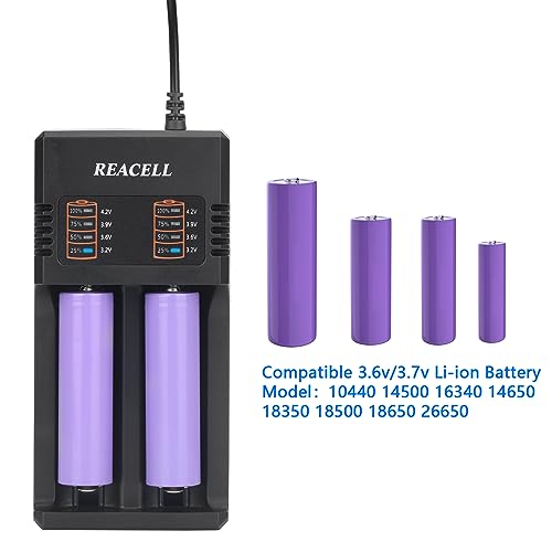 REACELL 18650 Battery Charger, Universal Fast Dual Charge Battery Charger for 3.7V/3.6V Li-ion Rechargeable Batteries 18650 18500 18490 18350 17670 17500 16340(RCR123) 14500 26650 22650 with USB Cable