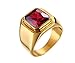 PMTIER Men's Stainless Steel Simple Gold Plated Ring with Square Red Gem Stone Size 11