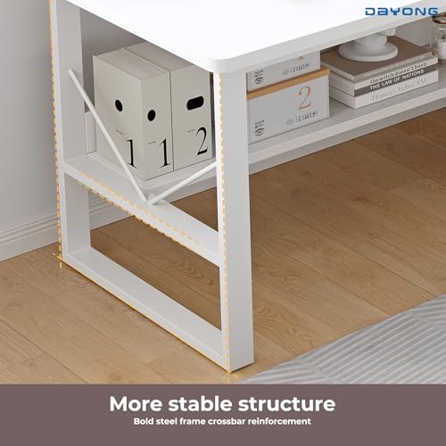 DAYONG Modern Minimalist Study Desk with Bookshelf, 100CM Computer Table with Multi-Level Storage, PC Gaming Workstation Home Office Writing Desks (White-100cm)