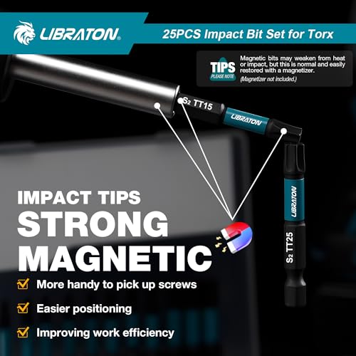 LIBRATON 25 x Torx Security Bits (T7-T40), Tamper Proof Screwdriver Bit, S2 Screw Bits with Magnetic Ends (1" and 2"), Magnetic Bit Holder and Storage Box