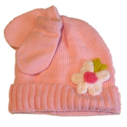 Faded Glory Infant Girls Pink Knit Hat Mittens White Flower Beanie