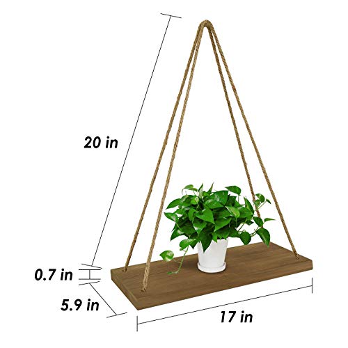 Wood Rope Hanging Floating Shelves Set of 2, Rustic Wood Hanging Shelf