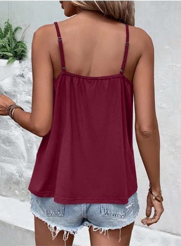 BLENCOT WOMENS SUMMER SLEEVELESS ADJUSTABLE SPAGHETTI STRAP CAMISOLE CASUAL PLEATED SHIRT LOOSE BASIC TANK TOPS RED XL