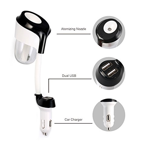 Car Humidifier Mini Air Purifier Aroma Diffuser Air Freshener Purifier Aromatherapy Mist Maker with 180 Degree Rotation Suit for Water Soluble Essential Oils Protable Diffuser with 2 USB Ports--black