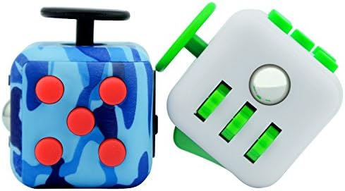 Fidget Cube Set for Fidgeters! Fidget Click Cube Toys Relief Stress, Anxiety, and Boredom for Child and Adult with White Cases - One Camo Blue Plus One White Green