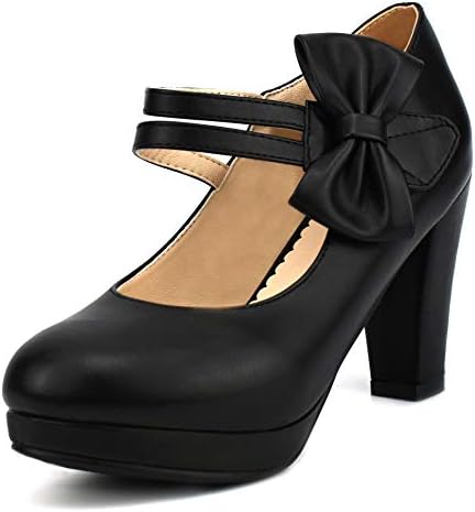 LUXMAX Women's Mary Jane Pumps - 3.5 Inch Chunky Heel With Bow & Ankle Strap In Kawaii Style