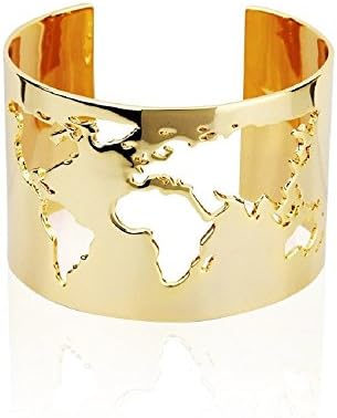 Amazing Handmade Travel Cuff Bangle Bracelet With World Map Cutting - Yellow Gold Plating Fashion Jewelry Accessory By SKSU