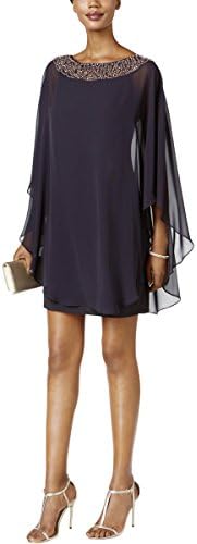 Xscape Womens Petites Cape Overlay Embellished Cocktail Dress Gray 6P