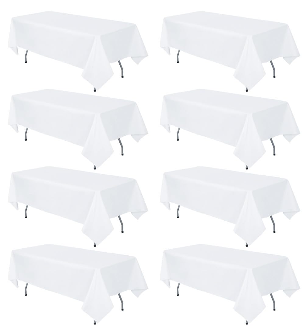 Photo 1 of RestfulGlow 8 Pack White Tablecloth 60 x 126 Inch Rectangle Table Cloth for 8 Foot Tables, Wrinkle Resistant Washable Decorative Fabric Polyester Table Covers for Wedding Party Banquet Buffet