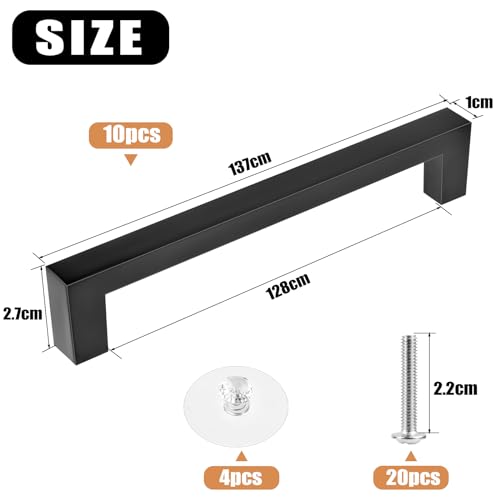 Tufa 10 x Kitchen Furniture Handles, Black Cabinet Handles, 128 mm Hole Spacing, Kitchen Drawer Handles, Stainless Steel Furniture Handle with 4 Glass Handles and 20 Screws