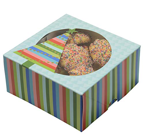 Christmas Cookie Gift Boxes Doughnut & Cake Bakery Box with Window 6 Inch, Blue with Colorful Stripes and Gold Foil Hot Stamp for Gift Giving on Holiday and Party Favors (Set of 12)