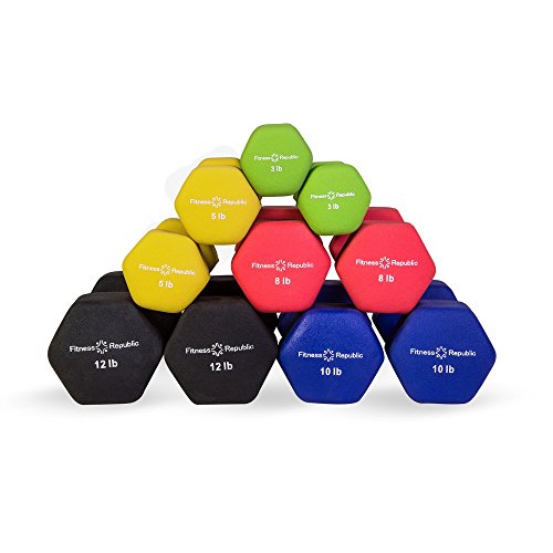 Fitness Republic Solid Steel Dumbbell Rack Holder, A-Frame Dumbbell Storage Racks, Free weights stand for home gym exercise, Neoprene Dumbbells Pairs (3lb, 5lb, 8lb, 10lb, 12lb) with 5 Tier Rack Combo